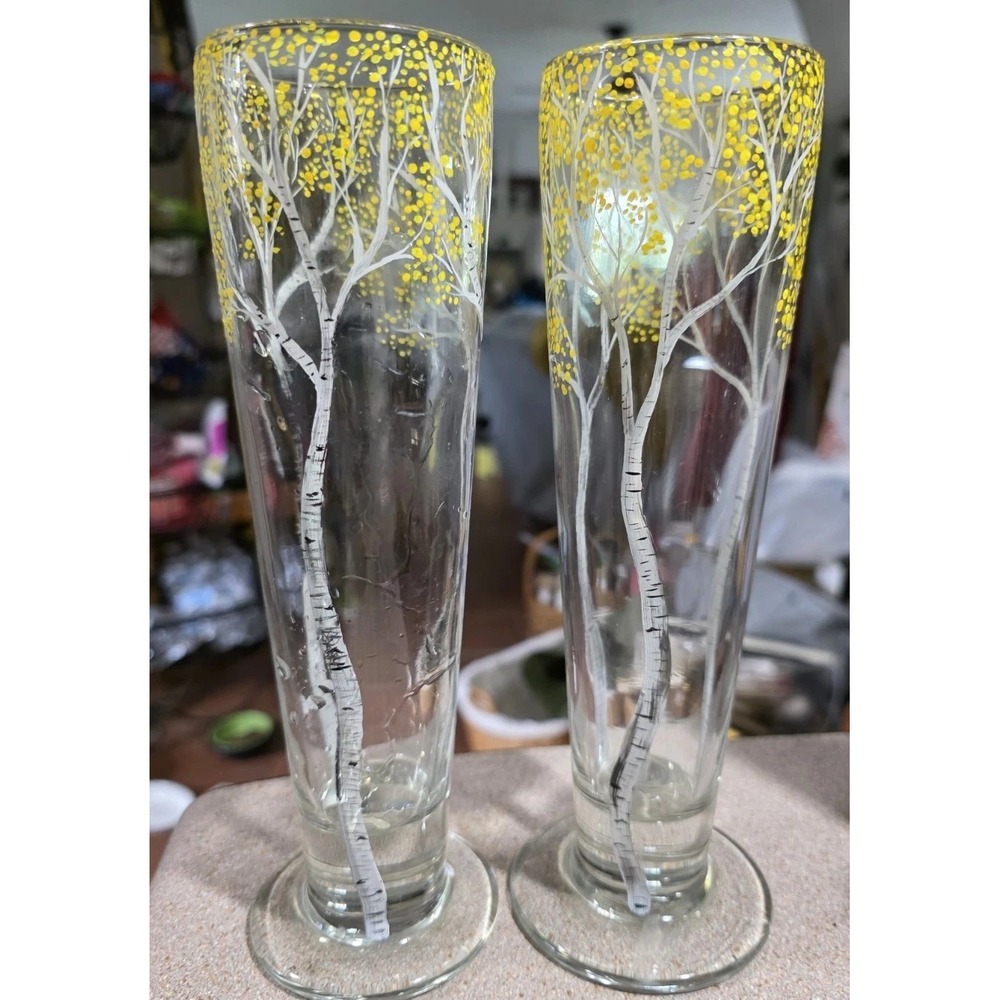 Hand-Painted Birch Tree Pilsner Glasses‎ Set of 2 Autumn Yellow Forest Design - Picture 7 of 7